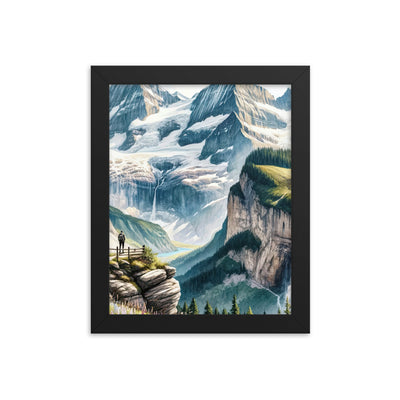 Aquarell-Panoramablick der Alpen mit schneebedeckten Gipfeln, Wasserfällen und Wanderern - Premium Poster mit Rahmen wandern xxx yyy zzz 20.3 x 25.4 cm