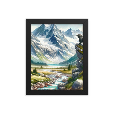 Aquarellmalerei eines Bären und der sommerlichen Alpenschönheit mit schneebedeckten Ketten - Premium Poster mit Rahmen camping xxx yyy zzz 20.3 x 25.4 cm