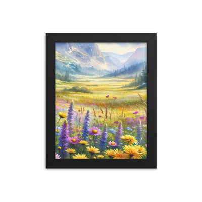 Aquarell einer Almwiese in Ruhe, Wildblumenteppich in Gelb, Lila, Rosa - Premium Poster mit Rahmen berge xxx yyy zzz 20.3 x 25.4 cm