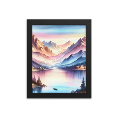 Aquarell einer Dämmerung in den Alpen, Boot auf einem See in Pastell-Licht - Premium Poster mit Rahmen berge xxx yyy zzz 20.3 x 25.4 cm