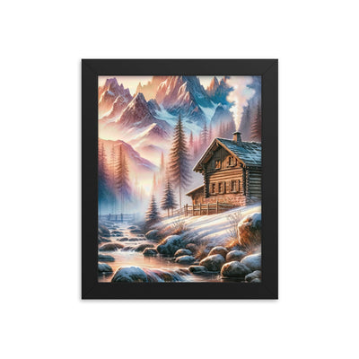 Aquarell einer Alpenszene im Morgengrauen, Haus in den Bergen - Premium Poster mit Rahmen berge xxx yyy zzz 20.3 x 25.4 cm