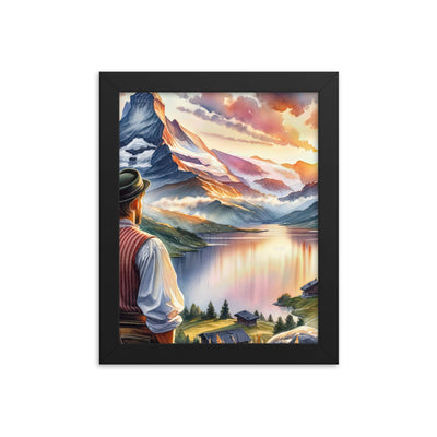 Aquarell einer Berglandschaft in der goldenen Stunde mit österreichischem Wanderer - Premium Poster mit Rahmen wandern xxx yyy zzz 20.3 x 25.4 cm