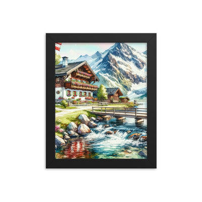 Aquarell der frühlingshaften Alpenkette mit österreichischer Flagge und schmelzendem Schnee - Premium Poster mit Rahmen berge xxx yyy zzz 20.3 x 25.4 cm