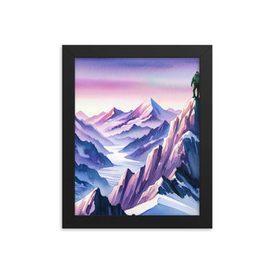 Aquarell eines Bergsteigers auf einem Alpengipfel in der Abenddämmerung - Premium Poster mit Rahmen wandern xxx yyy zzz 20.3 x 25.4 cm