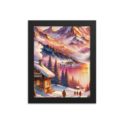 Aquarell eines Alpenpanoramas mit Wanderern bei Sonnenuntergang in Rosa und Gold - Premium Poster mit Rahmen wandern xxx yyy zzz 20.3 x 25.4 cm