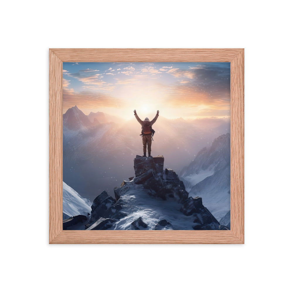 Mann auf der Spitze eines Berges - Landschaftsmalerei - Premium Poster mit Rahmen berge xxx Red Oak 25.4 x 25.4 cm