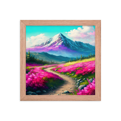 Berg, pinke Blumen und Wanderweg - Landschaftsmalerei - Premium Poster mit Rahmen berge xxx Red Oak 25.4 x 25.4 cm