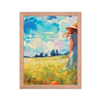 Dame mit Hut im Feld mit Blumen - Landschaftsmalerei - Premium Poster mit Rahmen camping xxx Red Oak 27.9 x 35.6 cm