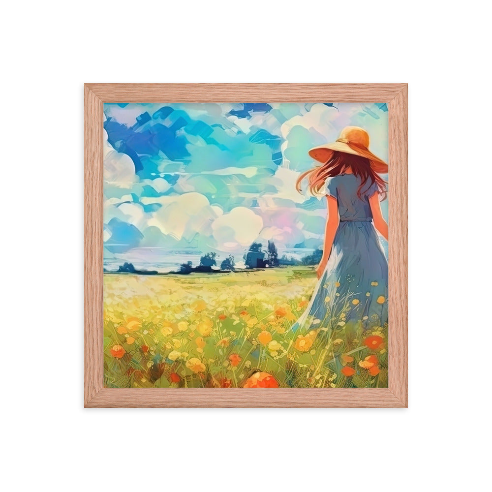 Dame mit Hut im Feld mit Blumen - Landschaftsmalerei - Premium Poster mit Rahmen camping xxx Red Oak 30.5 x 30.5 cm
