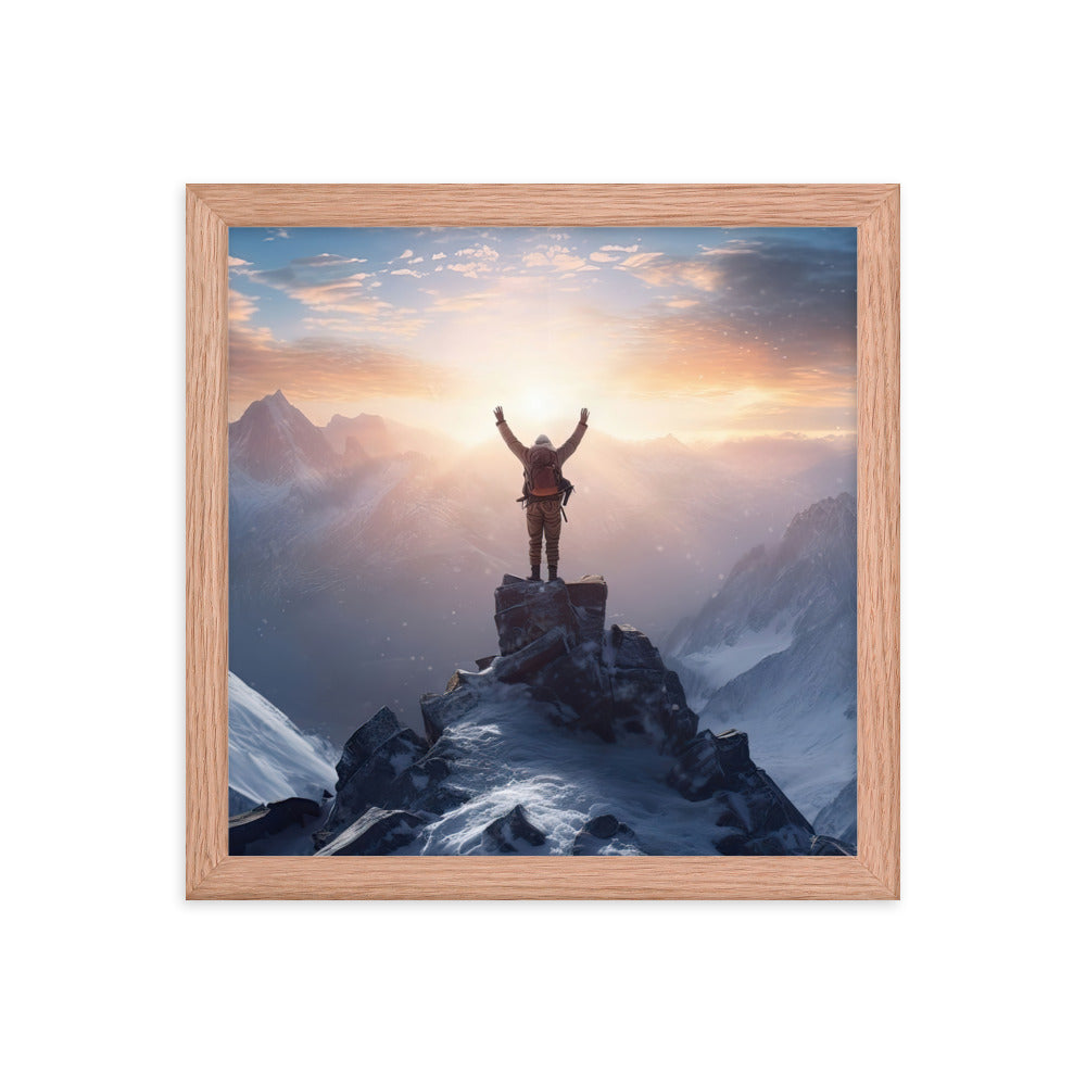 Mann auf der Spitze eines Berges - Landschaftsmalerei - Premium Poster mit Rahmen berge xxx Red Oak 30.5 x 30.5 cm