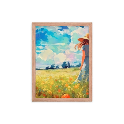 Dame mit Hut im Feld mit Blumen - Landschaftsmalerei - Premium Poster mit Rahmen camping xxx Red Oak 30.5 x 40.6 cm