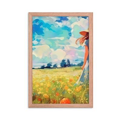 Dame mit Hut im Feld mit Blumen - Landschaftsmalerei - Premium Poster mit Rahmen camping xxx Red Oak 30.5 x 45.7 cm