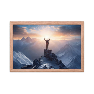 Mann auf der Spitze eines Berges - Landschaftsmalerei - Premium Poster mit Rahmen berge xxx Red Oak 30.5 x 45.7 cm