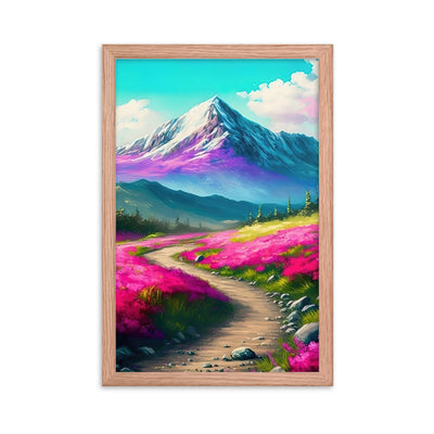 Berg, pinke Blumen und Wanderweg - Landschaftsmalerei - Premium Poster mit Rahmen berge xxx Red Oak 30.5 x 45.7 cm