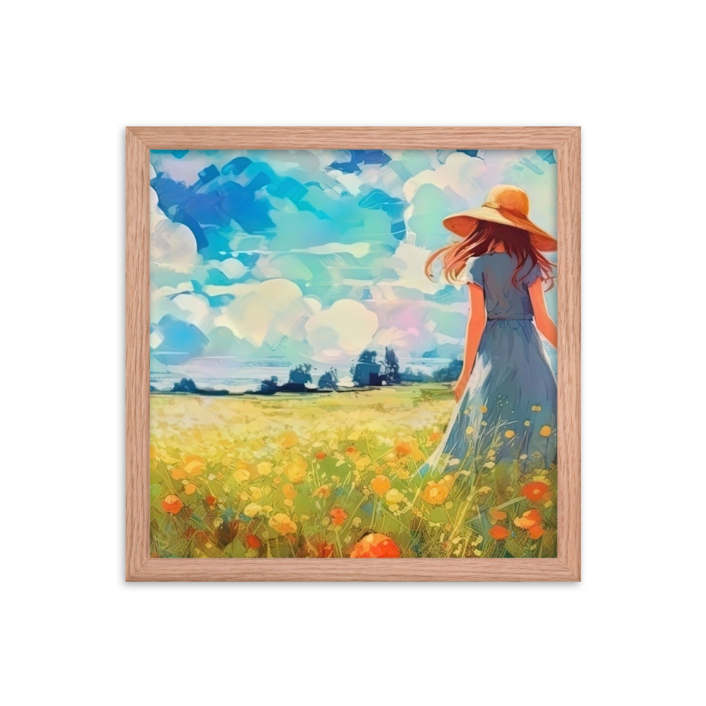 Dame mit Hut im Feld mit Blumen - Landschaftsmalerei - Premium Poster mit Rahmen camping xxx Red Oak 35.6 x 35.6 cm