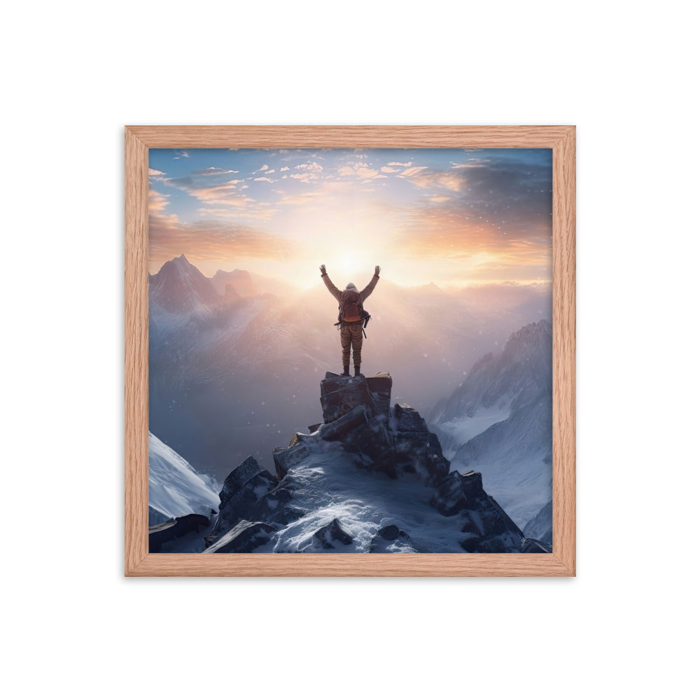 Mann auf der Spitze eines Berges - Landschaftsmalerei - Premium Poster mit Rahmen berge xxx Red Oak 35.6 x 35.6 cm