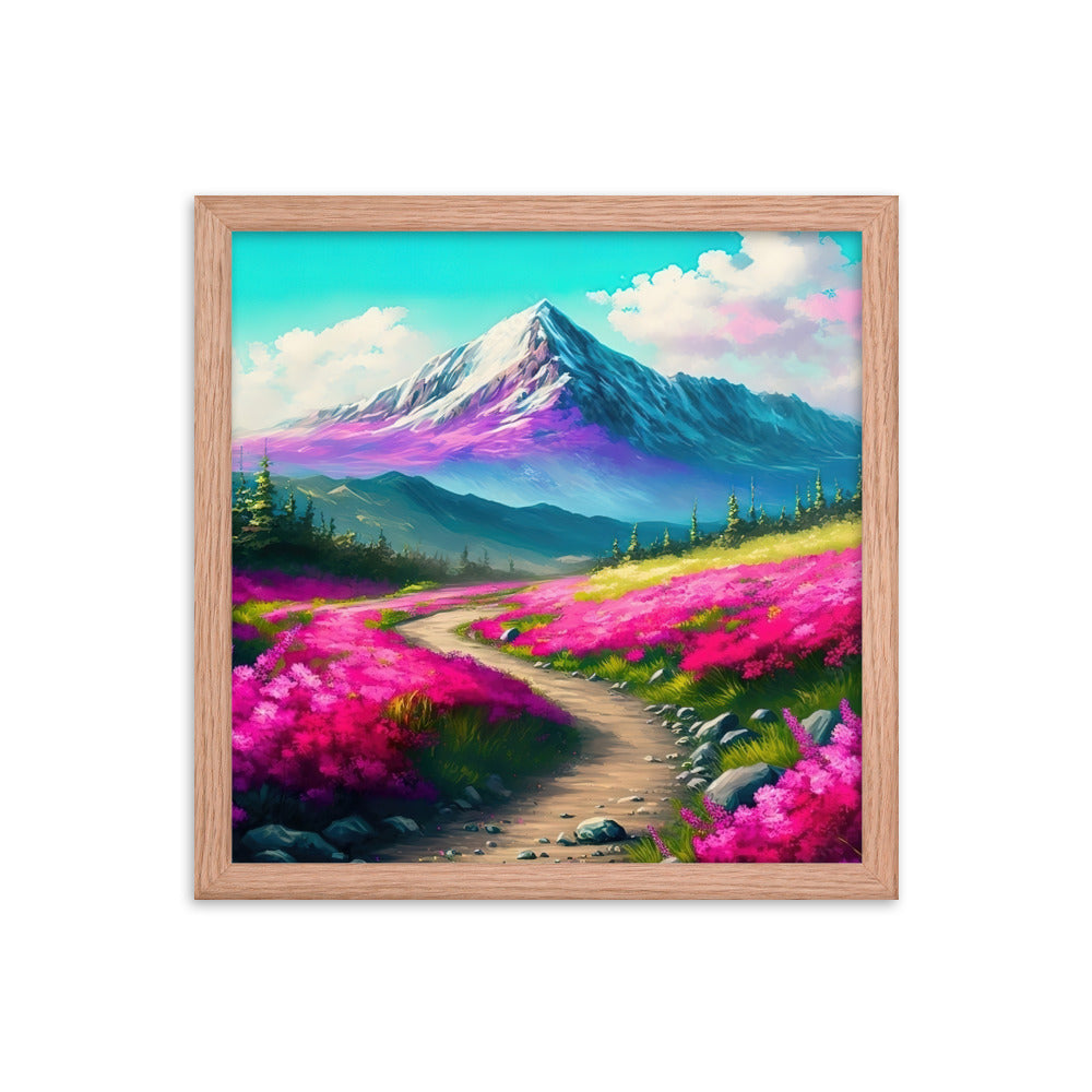 Berg, pinke Blumen und Wanderweg - Landschaftsmalerei - Premium Poster mit Rahmen berge xxx Red Oak 35.6 x 35.6 cm