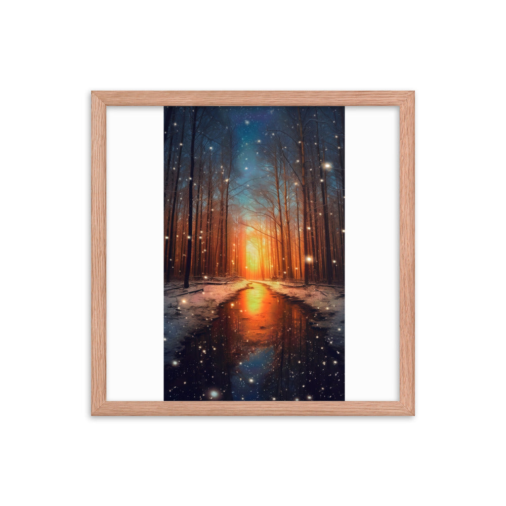 Bäume im Winter, Schnee, Sonnenaufgang und Fluss - Premium Poster mit Rahmen camping xxx Red Oak 40.6 x 40.6 cm