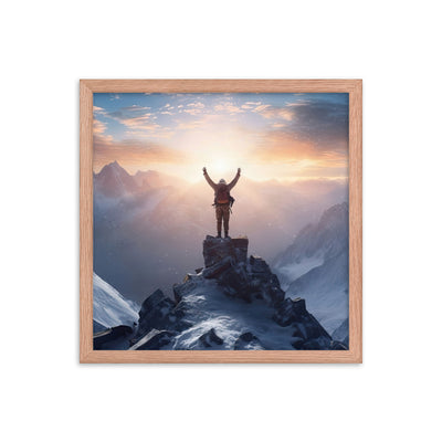 Mann auf der Spitze eines Berges - Landschaftsmalerei - Premium Poster mit Rahmen berge xxx Red Oak 40.6 x 40.6 cm