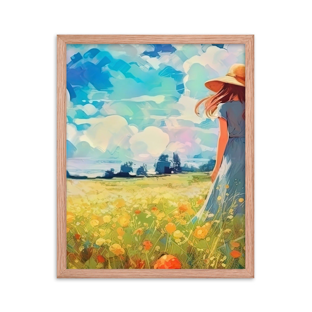 Dame mit Hut im Feld mit Blumen - Landschaftsmalerei - Premium Poster mit Rahmen camping xxx Red Oak 40.6 x 50.8 cm