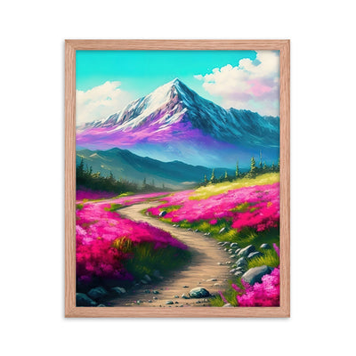Berg, pinke Blumen und Wanderweg - Landschaftsmalerei - Premium Poster mit Rahmen berge xxx Red Oak 40.6 x 50.8 cm