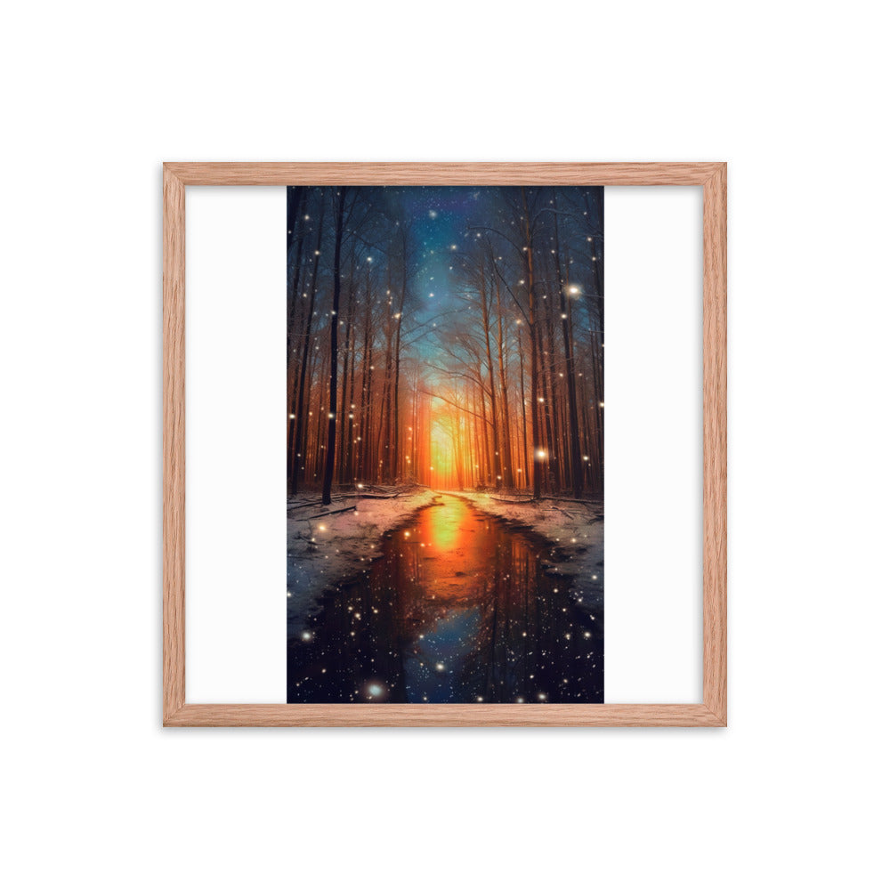 Bäume im Winter, Schnee, Sonnenaufgang und Fluss - Premium Poster mit Rahmen camping xxx Red Oak 45.7 x 45.7 cm