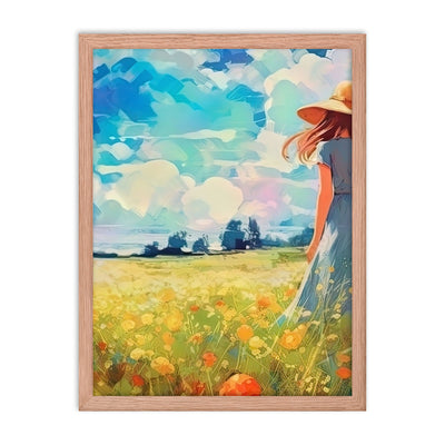 Dame mit Hut im Feld mit Blumen - Landschaftsmalerei - Premium Poster mit Rahmen camping xxx Red Oak 45.7 x 61 cm