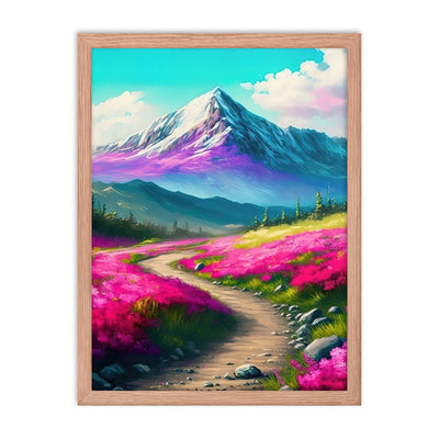 Berg, pinke Blumen und Wanderweg - Landschaftsmalerei - Premium Poster mit Rahmen berge xxx Red Oak 45.7 x 61 cm