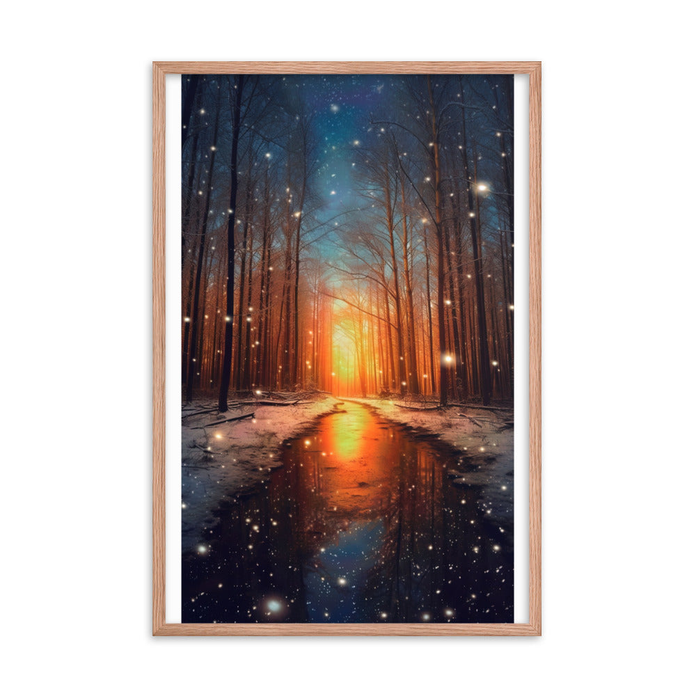 Bäume im Winter, Schnee, Sonnenaufgang und Fluss - Premium Poster mit Rahmen camping xxx Red Oak 61 x 91.4 cm