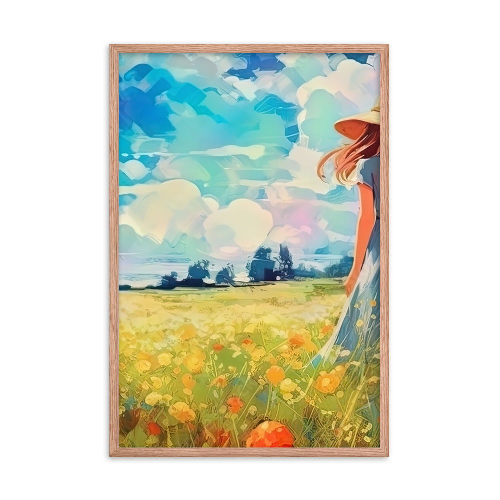 Dame mit Hut im Feld mit Blumen - Landschaftsmalerei - Premium Poster mit Rahmen camping xxx Red Oak 61 x 91.4 cm