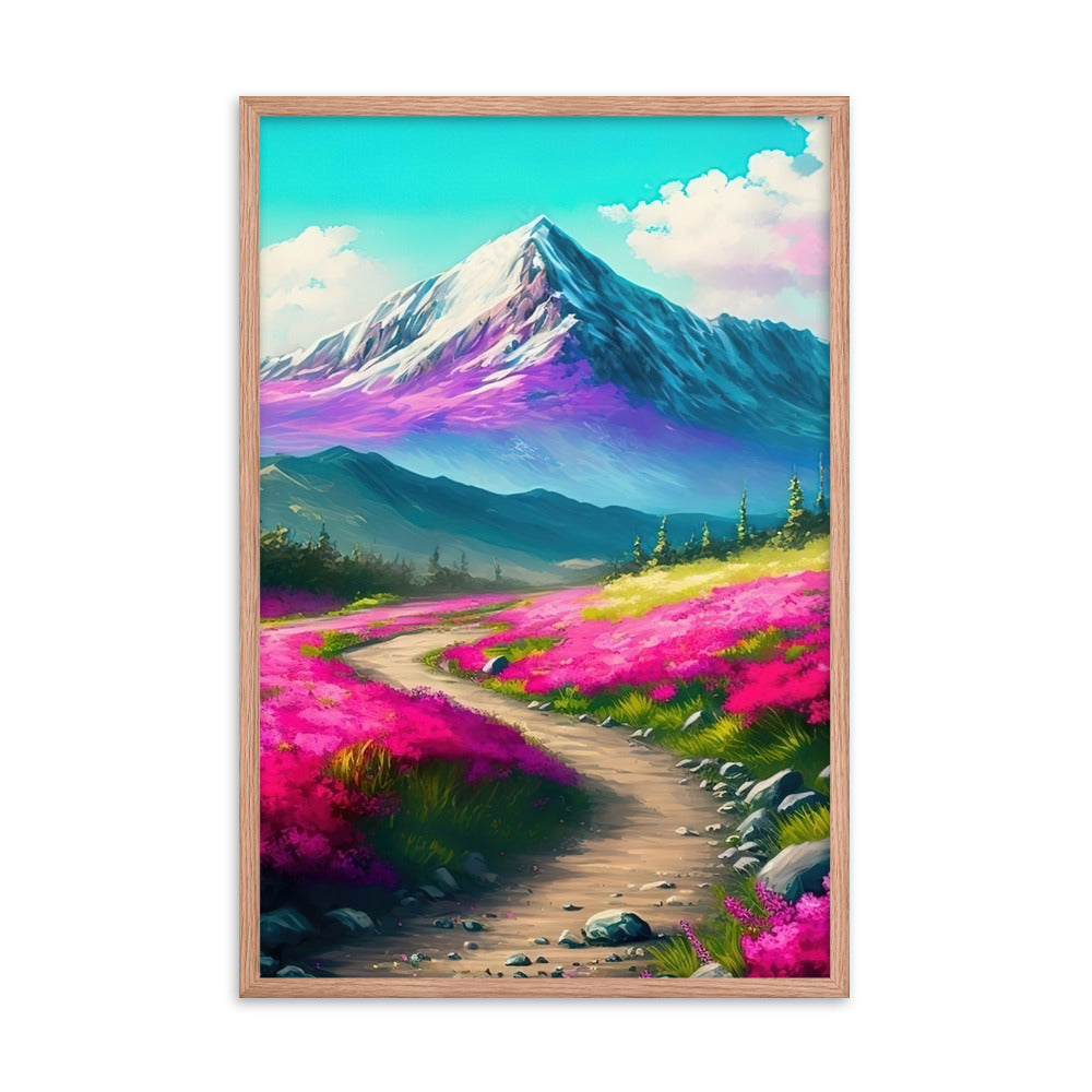 Berg, pinke Blumen und Wanderweg - Landschaftsmalerei - Premium Poster mit Rahmen berge xxx Red Oak 61 x 91.4 cm