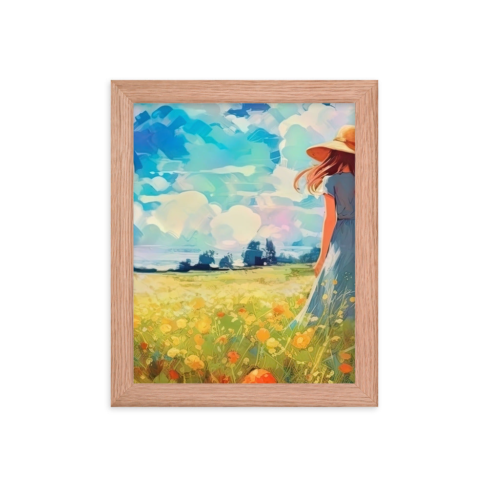 Dame mit Hut im Feld mit Blumen - Landschaftsmalerei - Premium Poster mit Rahmen camping xxx Red Oak 20.3 x 25.4 cm