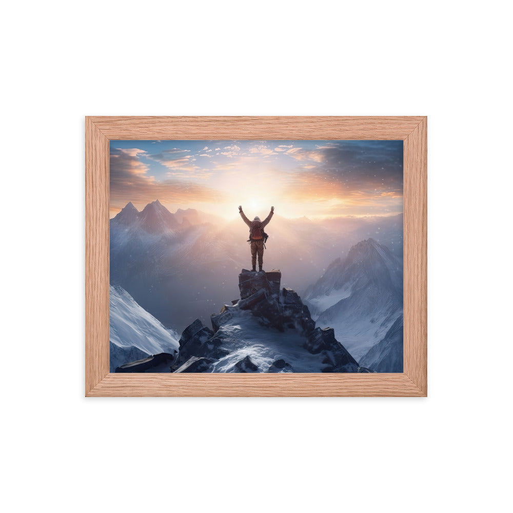 Mann auf der Spitze eines Berges - Landschaftsmalerei - Premium Poster mit Rahmen berge xxx Red Oak 20.3 x 25.4 cm