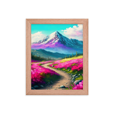 Berg, pinke Blumen und Wanderweg - Landschaftsmalerei - Premium Poster mit Rahmen berge xxx Red Oak 20.3 x 25.4 cm