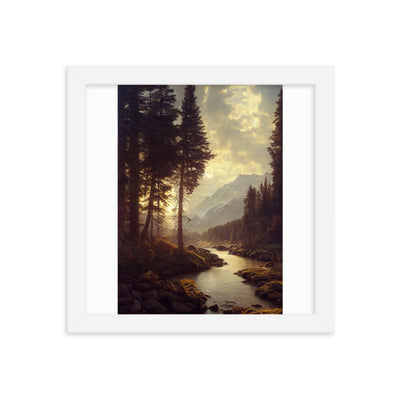 Landschaft mit Bergen, Fluss und Bäumen - Malerei - Premium Poster mit Rahmen berge xxx 25.4 x 25.4 cm