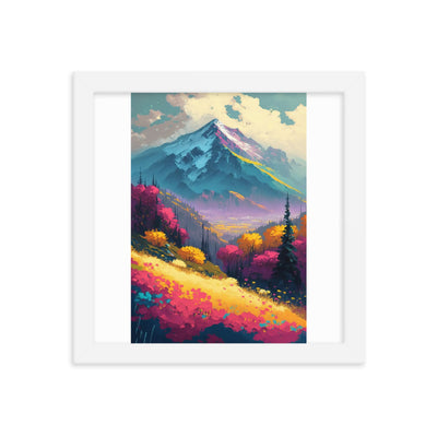 Berge, pinke und gelbe Bäume, sowie Blumen - Farbige Malerei - Premium Poster mit Rahmen berge xxx 25.4 x 25.4 cm