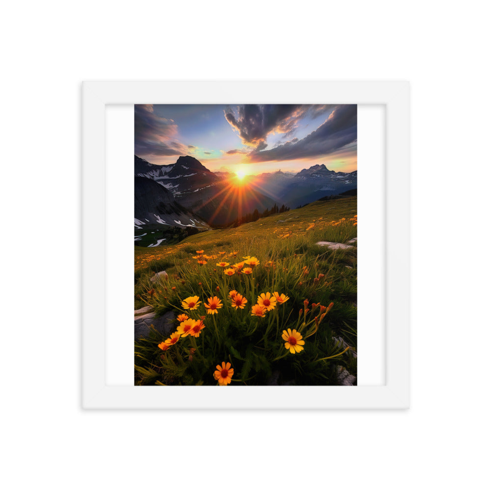 Gebirge, Sonnenblumen und Sonnenaufgang - Premium Poster mit Rahmen berge xxx 25.4 x 25.4 cm