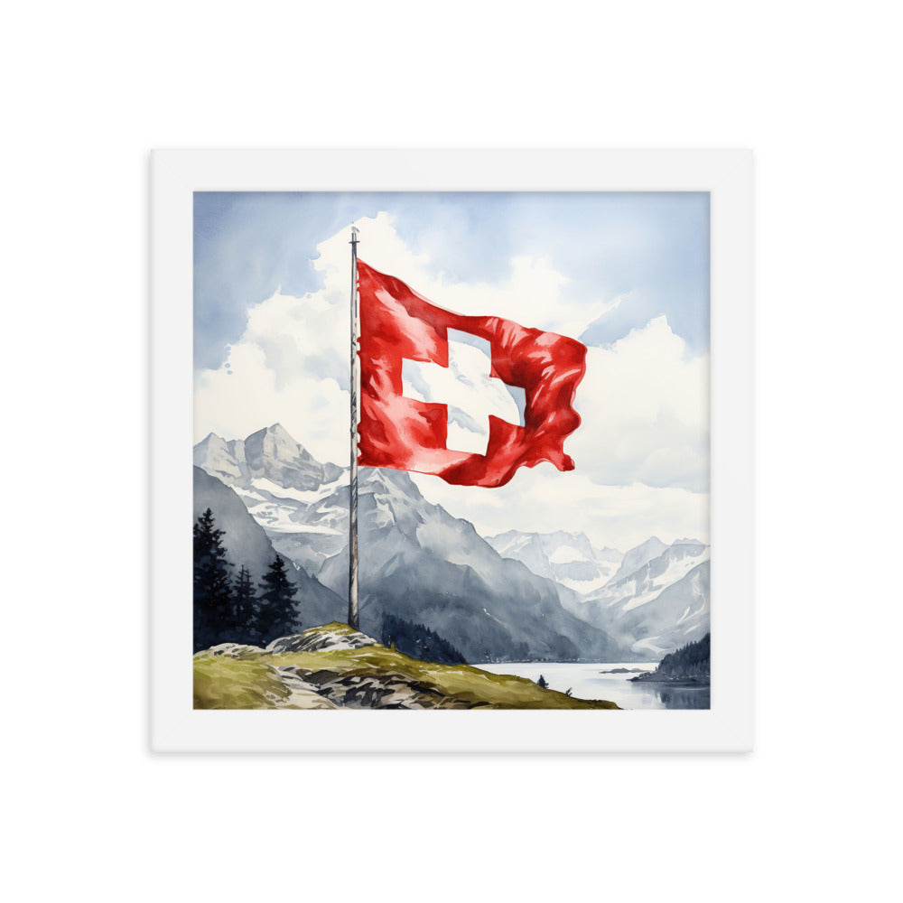 Schweizer Flagge und Berge im Hintergrund - Epische Stimmung - Malerei - Premium Poster mit Rahmen berge xxx 25.4 x 25.4 cm