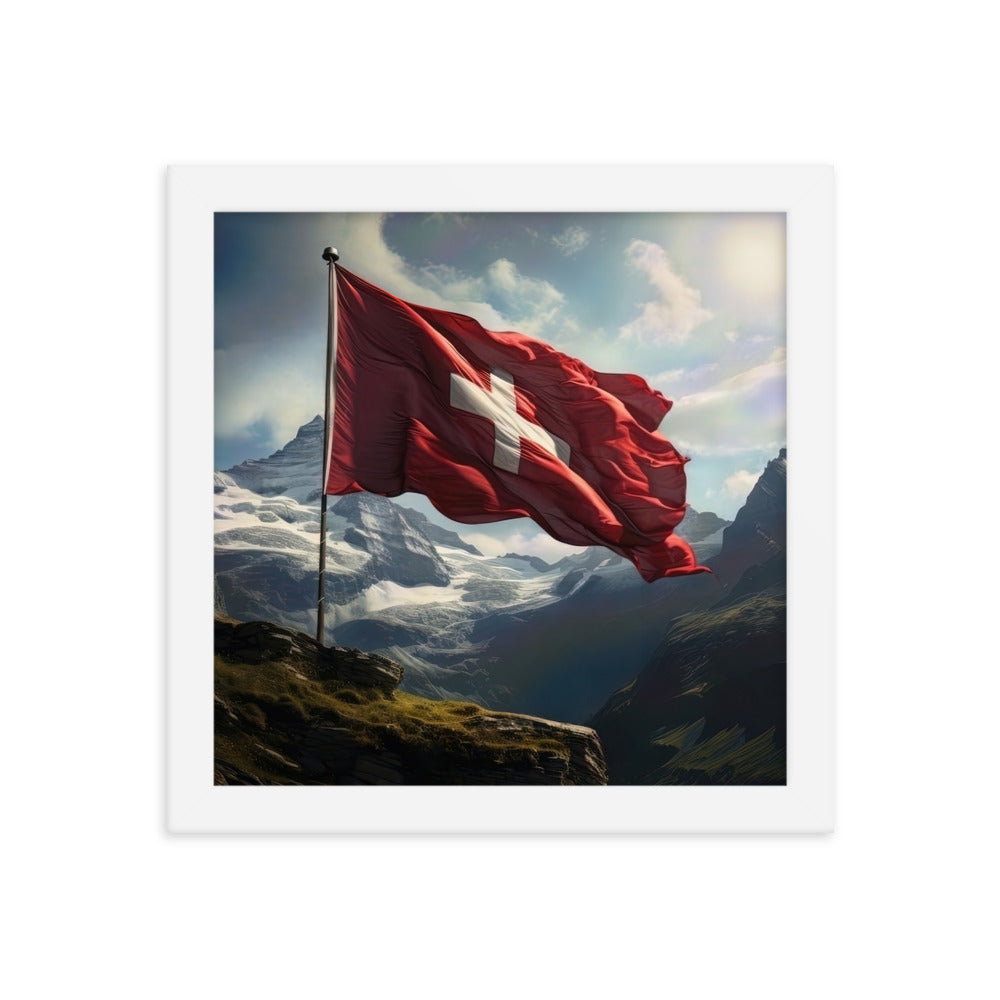 Schweizer Flagge und Berge im Hintergrund - Fotorealistische Malerei - Premium Poster mit Rahmen berge xxx 25.4 x 25.4 cm