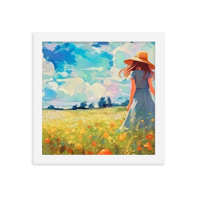 Dame mit Hut im Feld mit Blumen - Landschaftsmalerei - Premium Poster mit Rahmen camping xxx Weiß 25.4 x 25.4 cm