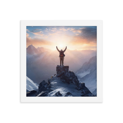 Mann auf der Spitze eines Berges - Landschaftsmalerei - Premium Poster mit Rahmen berge xxx Weiß 25.4 x 25.4 cm