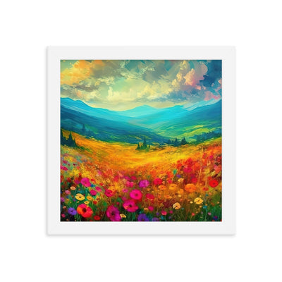 Berglandschaft und schöne farbige Blumen - Malerei - Premium Poster mit Rahmen berge xxx 25.4 x 25.4 cm