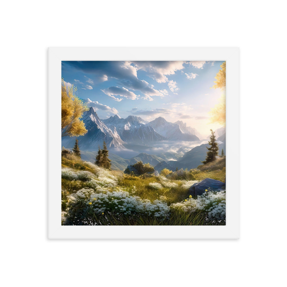Berglandschaft mit Sonnenschein, Blumen und Bäumen - Malerei - Premium Poster mit Rahmen berge xxx 25.4 x 25.4 cm