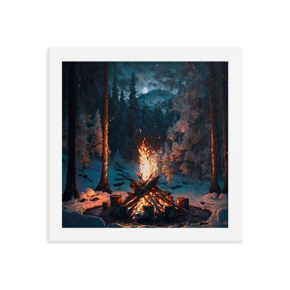 Lagerfeuer beim Camping - Wald mit Schneebedeckten Bäumen - Malerei - Premium Poster mit Rahmen camping xxx 25.4 x 25.4 cm