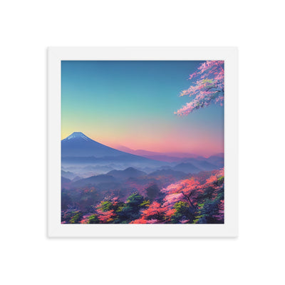 Berg und Wald mit pinken Bäumen - Landschaftsmalerei - Premium Poster mit Rahmen berge xxx 25.4 x 25.4 cm