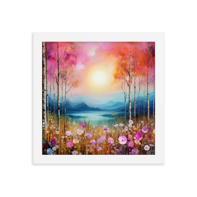Berge, See, pinke Bäume und Blumen - Malerei - Premium Poster mit Rahmen berge xxx 25.4 x 25.4 cm