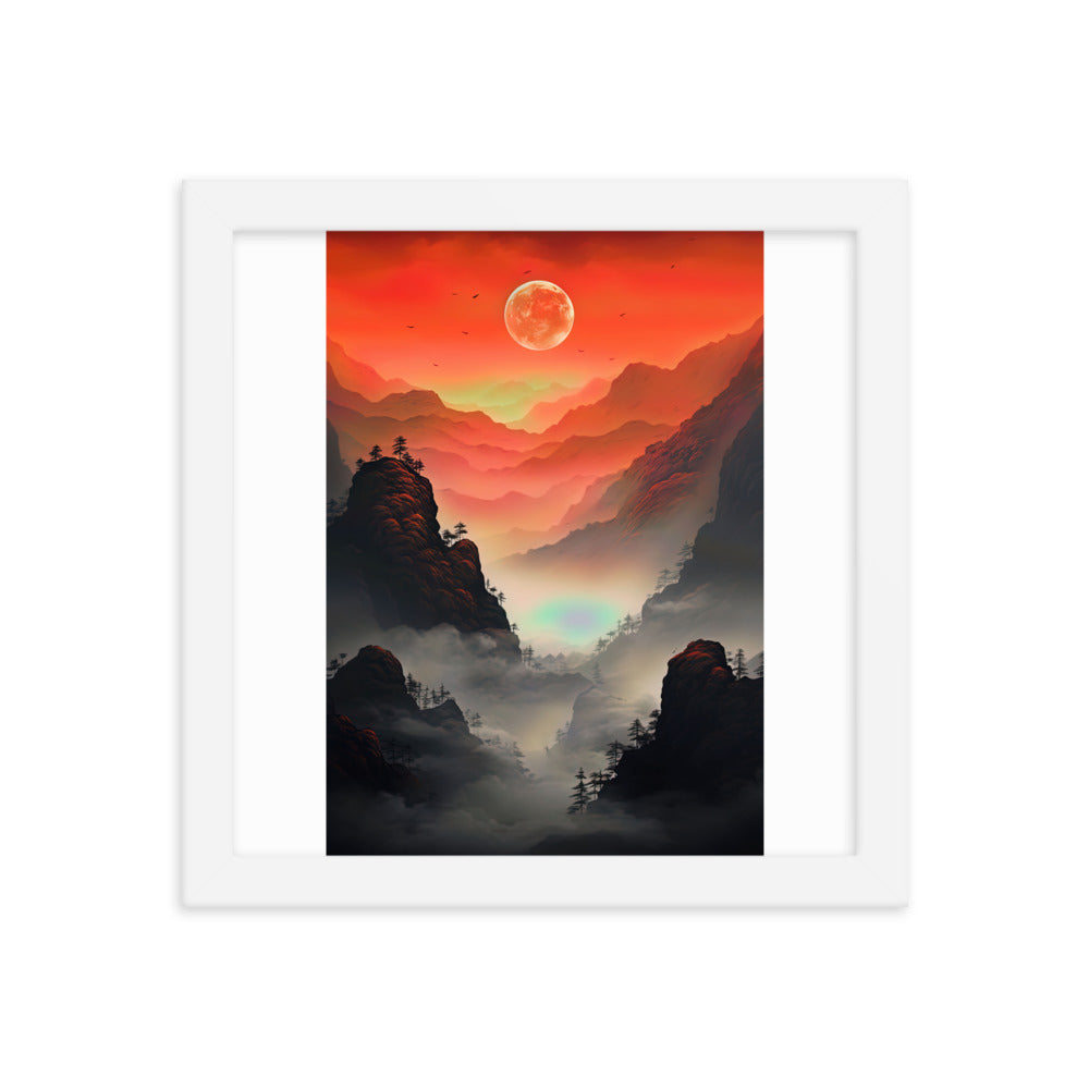 Gebirge, rote Farben und Nebel - Episches Kunstwerk - Premium Poster mit Rahmen berge xxx 25.4 x 25.4 cm