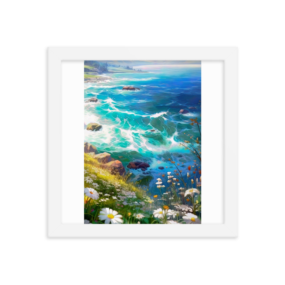 Berge, Blumen, Fluss und Steine - Malerei - Premium Poster mit Rahmen camping xxx 25.4 x 25.4 cm