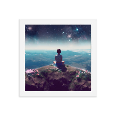 Frau sitzt auf Berg – Cosmos und Sterne im Hintergrund - Landschaftsmalerei - Premium Poster mit Rahmen berge xxx 25.4 x 25.4 cm