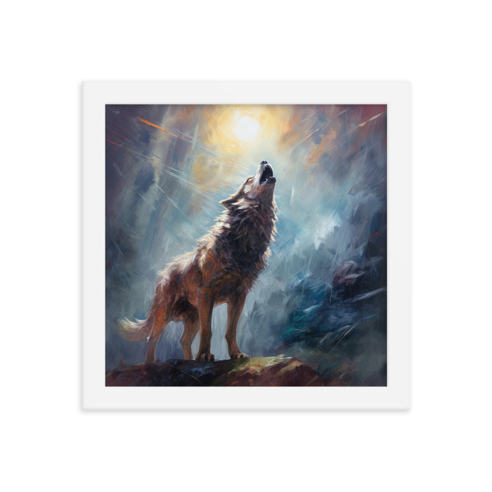 Heulender Wolf auf Berggipfel und Mond im Hintergrund – Abstrakte Malerei - Premium Poster mit Rahmen camping xxx 25.4 x 25.4 cm